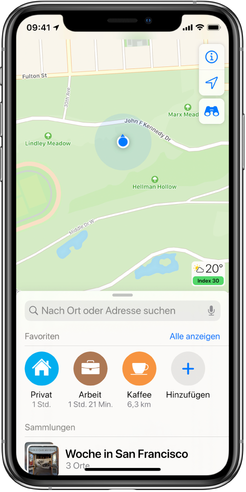 Eine Karte mit dem aktuellen Standort in einem Stadtpark.