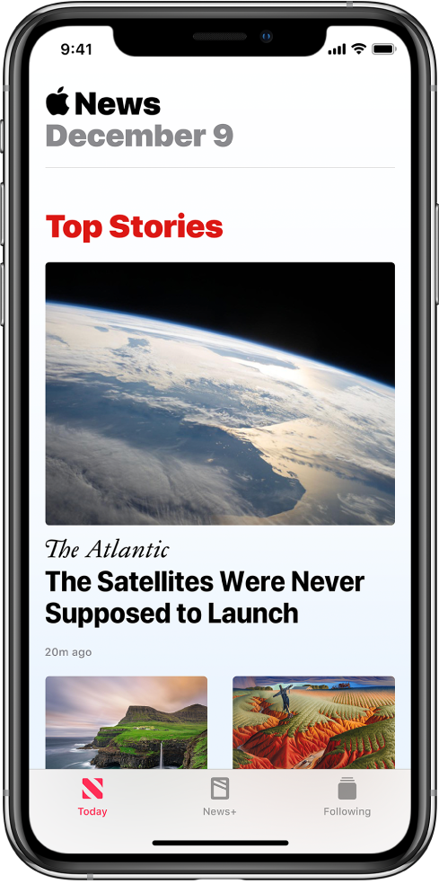 The Today screen showing three top stories. Each story is accompanied by an image. A publication name and headline appears under the first story. At the bottom of the screen are the Today, News+, and Following tabs.