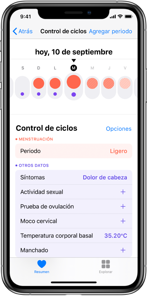 La pantalla de Control de Ciclos mostrando la línea del tiempo de la semana en la parte superior de la pantalla. Hay círculos rojos en los primeros tres días y puntos azules en los últimos dos. Debajo de la línea del tiempo hay opciones para agregar información acerca de los periodos, síntomas y más.