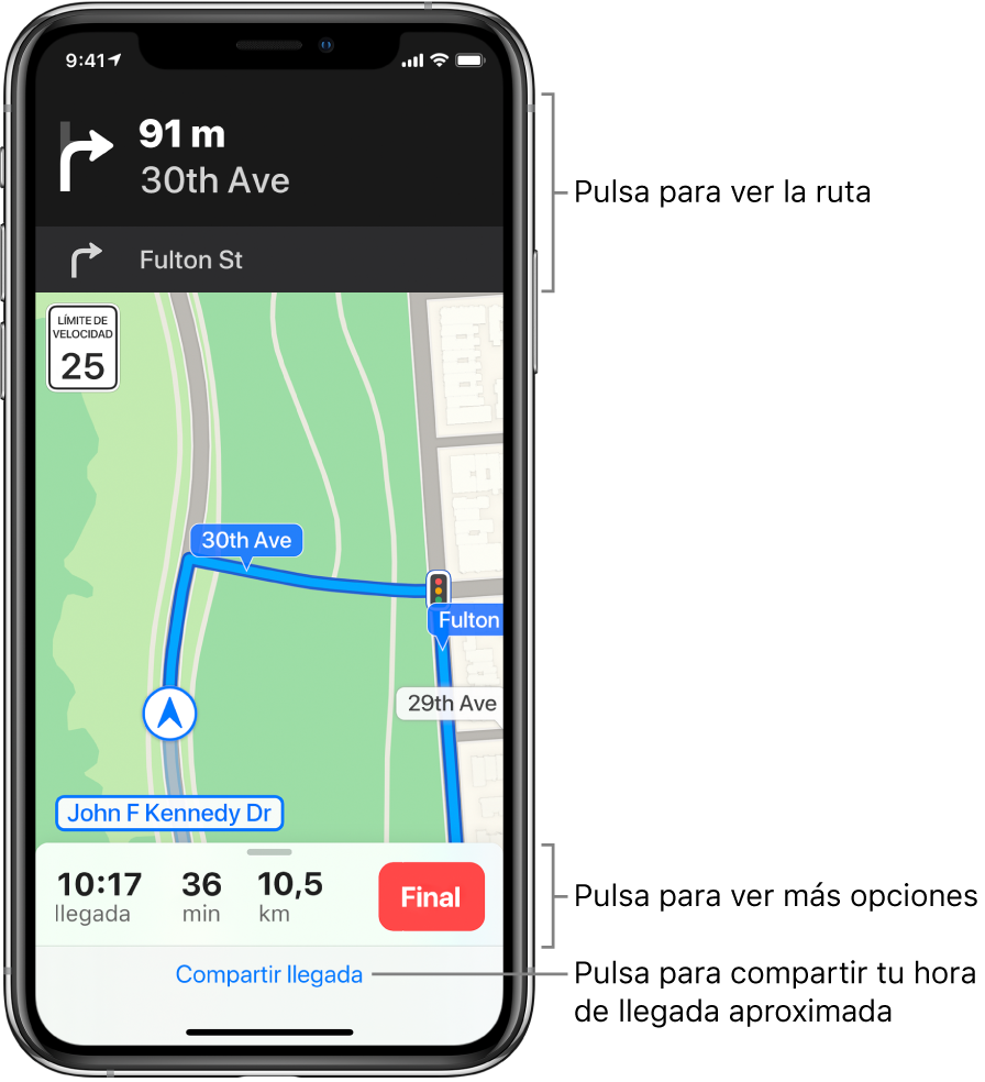 Mapa con una ruta para ir en coche, con una instrucción para girar a la derecha en 90 metros. Cerca de la parte inferior del mapa, a la izquierda del botón Final, se muestran la hora de llegada, la duración del trayecto y el kilometraje total. “Compartir llegada” aparece en la parte inferior de la pantalla.