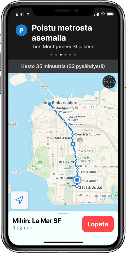 Kartta, jossa näkyy julkisen liikenteen reitti San Franciscossa. Näytön yläosassa olevassa reittikortissa näkyy ohje ”Poistu junasta Embarcaderolla”.