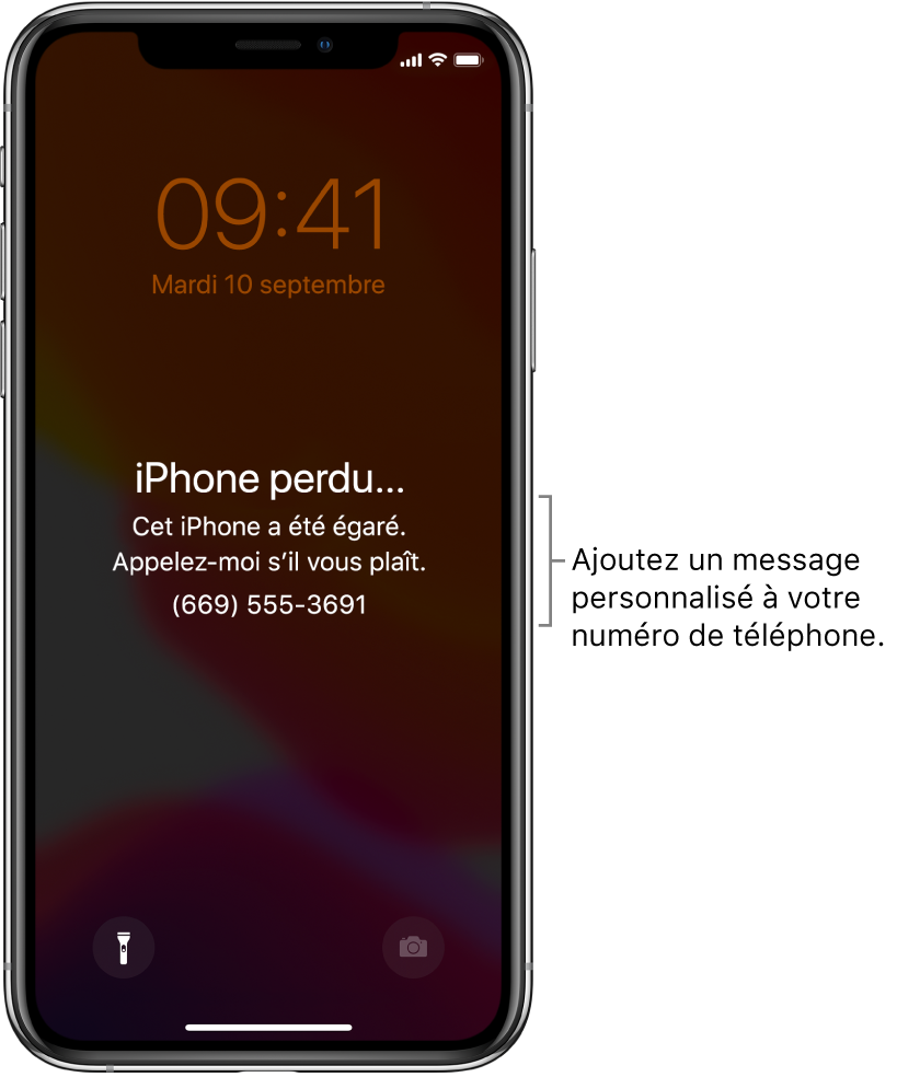 Écran verrouillé d’un iPhone avec le message suivant : « iPhone perdu. Cet iPhone a été égaré. Appelez-moi s’il vous plaît. 06 09 00 11 20. » Vous pouvez ajouter un message personnalisé avec votre numéro de téléphone.