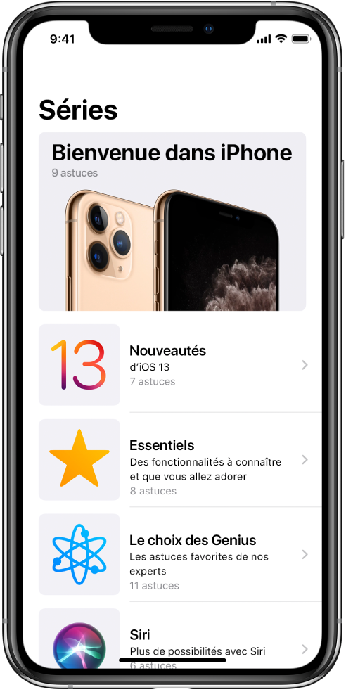 Un écran montrant des collections d’astuces avec des flèches vers la droite indiquant que vous pouvez toucher une collection pour afficher les astuces qu’elle contient.