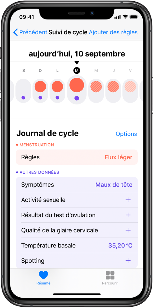 L’écran « Suivi de cycle » dans l’app Santé.