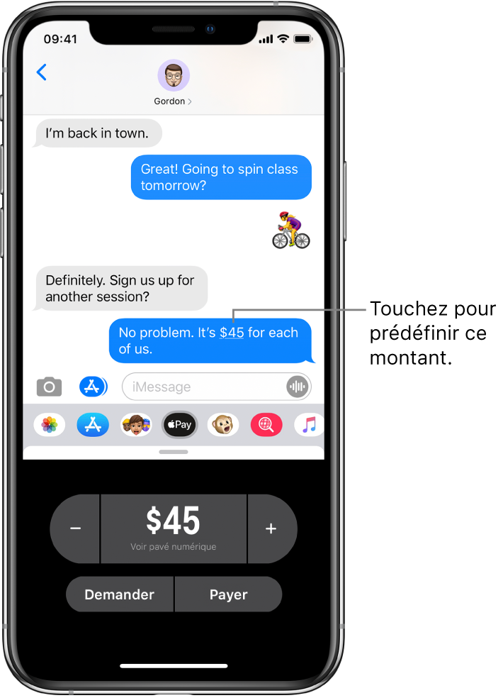 Une conversation iMessage avec l’app Apple Pay ouverte en bas.