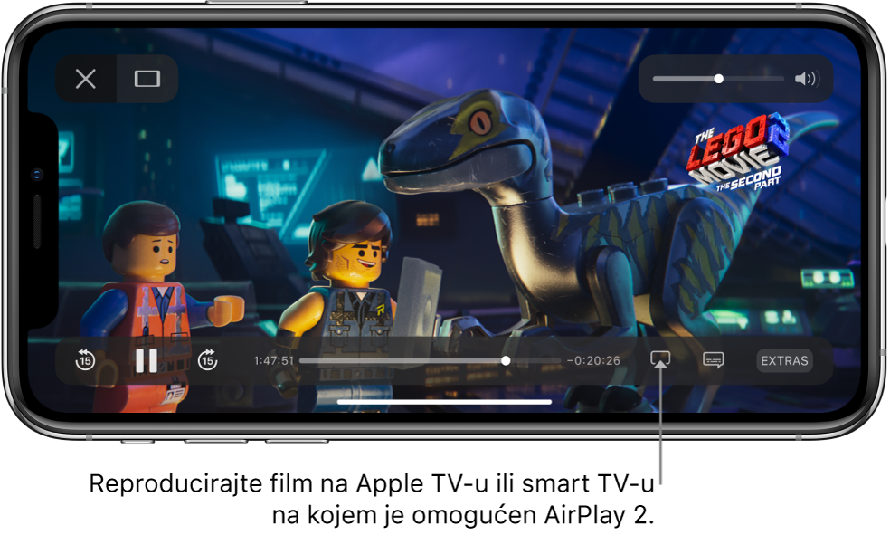Film se reproducira na zaslonu iPhonea. Na dnu zaslona nalaze se kontrole reprodukcije, uključujući tipku Zrcaljenje zaslona pri dnu desno.