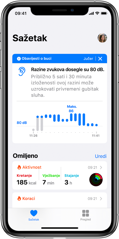 Zaslon sažetka s prikazom obavijesti o buci pri vrhu, sa sažecima za dvije omiljene stavke u nastavku: Aktivnost i Koraci.