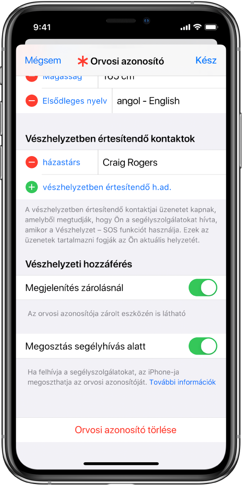 Az orvosi azonosító képernyője. A képernyő alján lévő opciók segítségével megjelenítheti az orvosi azonosítójához hozzáadott információkat, amikor az iPhone zárolva van, illetve amikor segélyhívást indít.