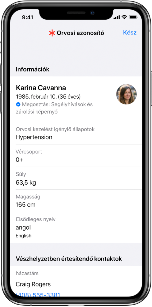 Az orvosi azonosító képernyője, amelyen különböző információk láthatók, például a születési dátum, az egészségi állapot, a gyógyszerek és a vészhelyzet esetén értesítendő kontakt.