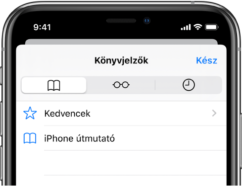 A Könyvjelzők képernyő különféle lehetőségekkel, amelyekkel megtekintheti a kedvenceket és a böngészési előzményeket, illetve a könyvjelzőket.