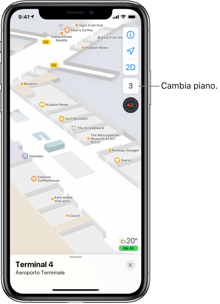 La mappa degli interni di un terminal aeroportuale. La mappa mostra i negozi e i gate per l’imbarco.