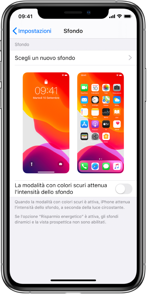La schermata delle impostazioni dello sfondo: in alto, è mostrato il pulsante per la selezione un nuovo sfondo con le immagini di “Blocco schermo” e della schermata Home con lo sfondo corrente.