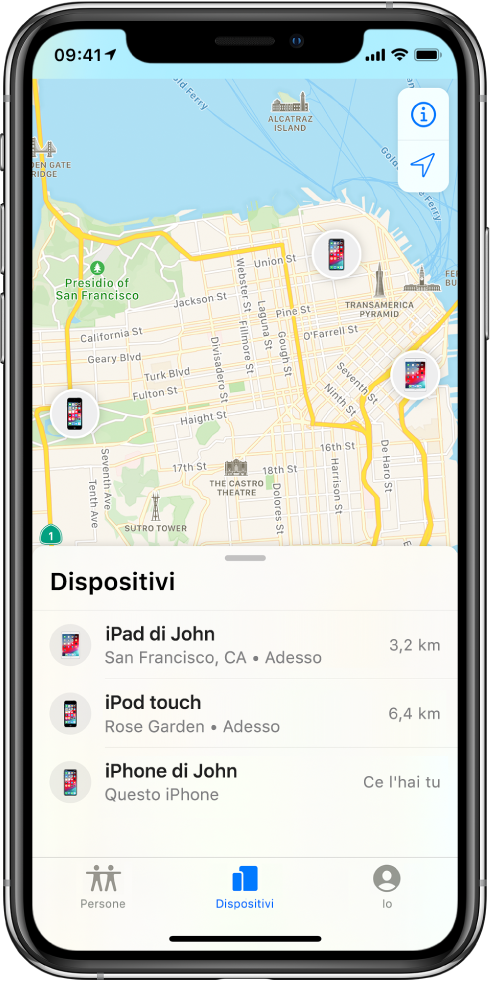 L’elenco Dispositivi include tre dispositivi: iPad di John, iPod touch di John e iPhone di John. Le loro posizioni sono mostrate sulla mappa di San Francisco.
