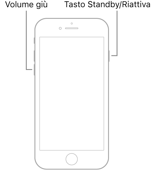 Immagine di iPhone 7 con lo schermo rivolto verso l’alto. Il tasto per abbassare il volume è a sinistra, mentre il tasto Standby/Riattiva è a destra.