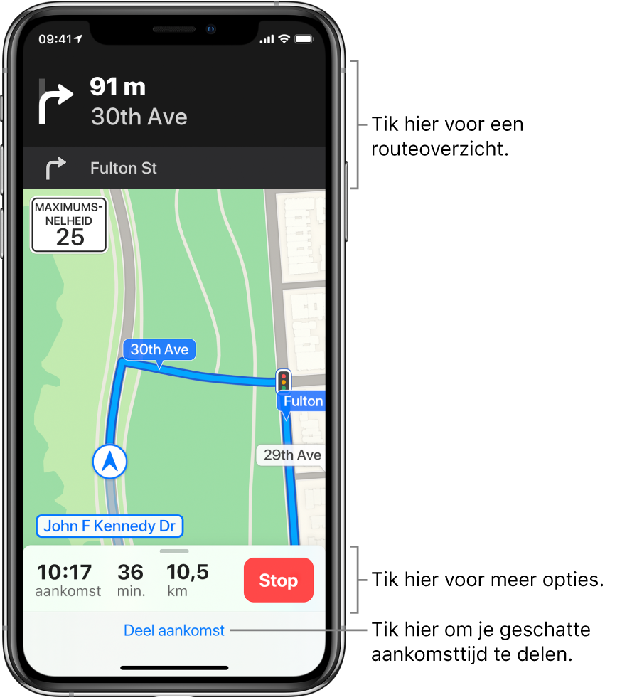 Een kaart met daarop een autoroute, inclusief een instructie om na 76 meter (300 feet) rechtsaf te slaan. Onder aan de kaart worden de aankomsttijd, de reistijd en het totale aantal kilometers links van de knop 'Stop' weergegeven. Onder in het scherm wordt 'Deel aankomst' weergegeven.