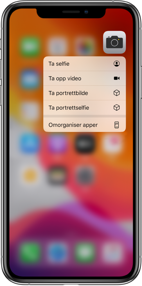 Hjem-skjermen er uskarp, og hurtigmenyen for Kamera vises under Kamera-appen.