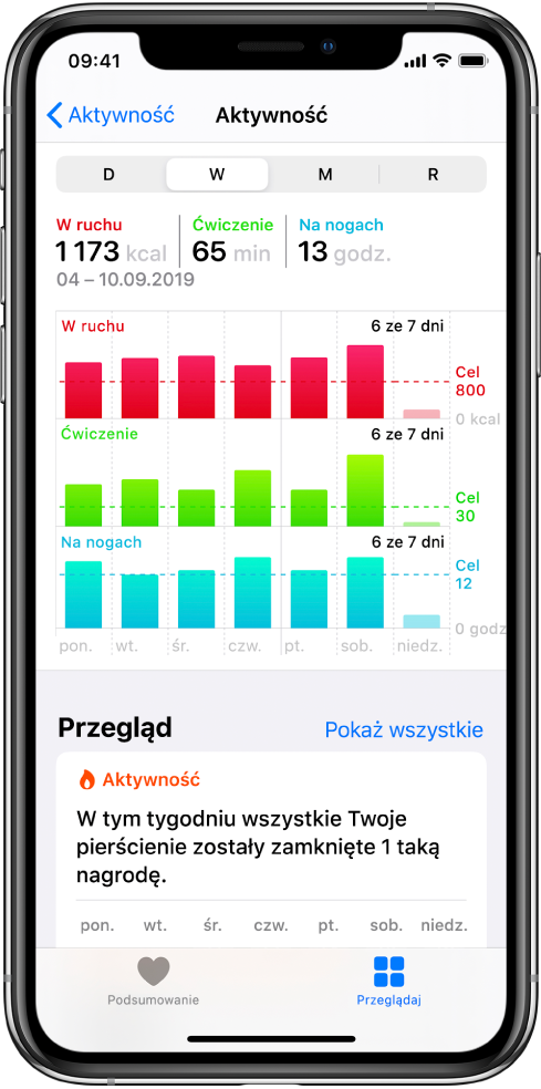 Ekran przedstawiający szczegóły dotyczące kategorii Aktywność.