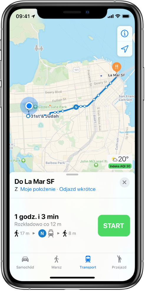Mapa pokazująca trasę dojazdu w San Francisco. Widoczna na dole ekranu karta trasy zawiera przycisk Start.
