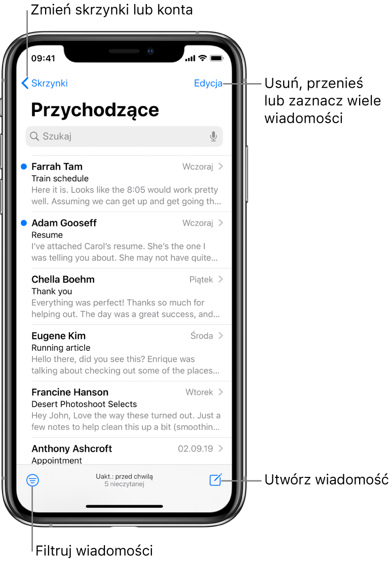 Skrzynka Przychodzące z listą wiadomości email. W lewym górnym rogu znajduje się przycisk Skrzynki, który pozwala przechodzić między skrzynkami pocztowymi. W prawym górnym rogu znajduje się przycisk Edycja, który pozwala usuwać, przenosić i oznaczać wiadomości email. W lewym dolnym rogu znajduje się przycisk filtrów, który pozwala wyświetlać tylko określone wiadomości email. W prawym dolnym rogu znajduje się przycisk tworzenia nowej wiadomości email.