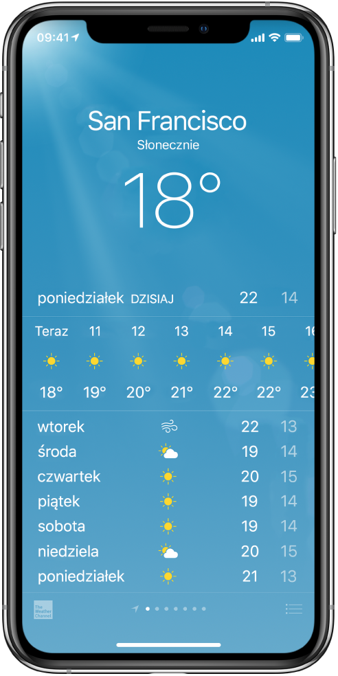 Ekran aplikacji Pogoda z nazwą miasta, bieżącymi warunkami i bieżącą temperaturą. Poniżej znajduje się bieżąca, godzinna prognoza pogody, oraz prognoza na najbliższych 5 dni. Szereg kropek na środku dolnej części ekranu określa liczbę dodanych miast.