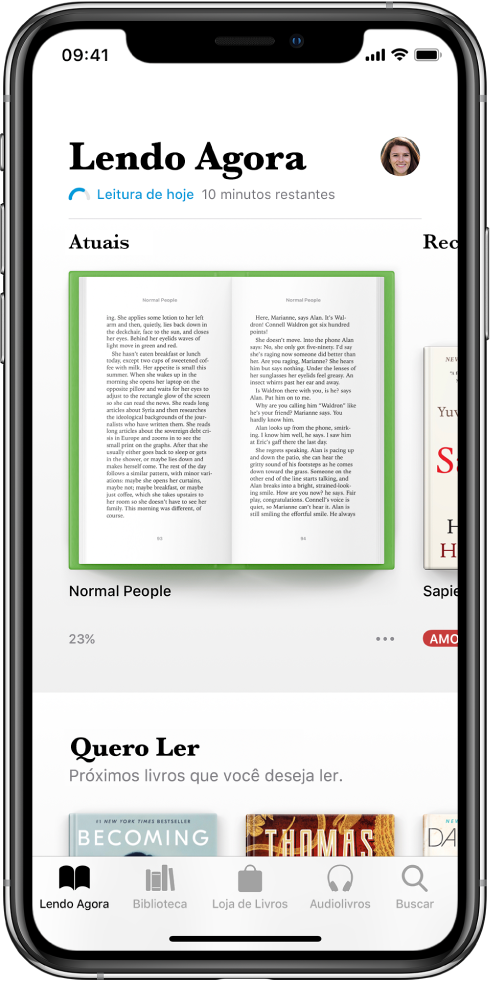 Tela Lendo Agora no app Livros. Na parte inferior da tela, da esquerda para a direita, as abas Lendo Agora, Biblioteca, Loja de Livros, Audiolivros e Buscar.