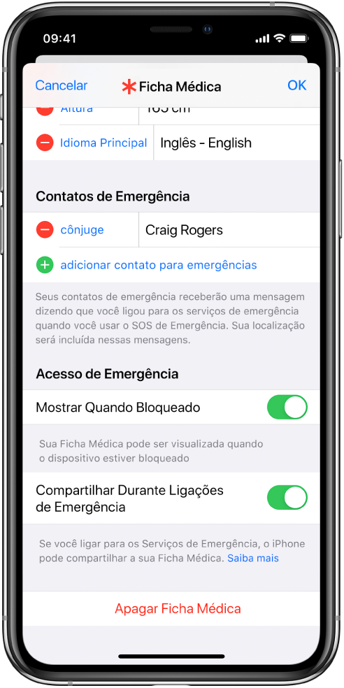 Tela da Ficha Médica. Na parte inferior, opções para mostrar as informações da Ficha Médica quando a tela do iPhone estiver bloqueada e quando você fizer uma ligação de emergência.
