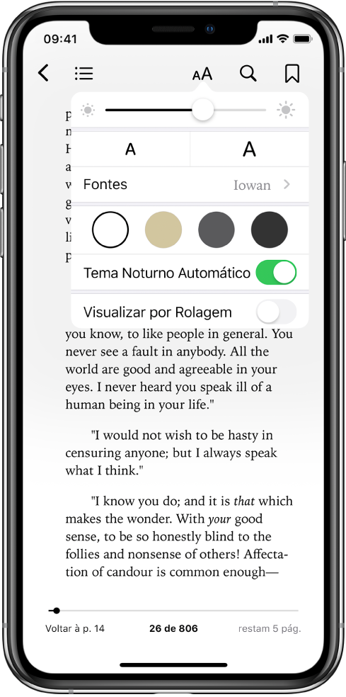 O menu de aparência mostrando, de cima para baixo, os controles de brilho, tamanho da fonte, fonte, cor da página, tema noturno automático e visualizar por rolagem.