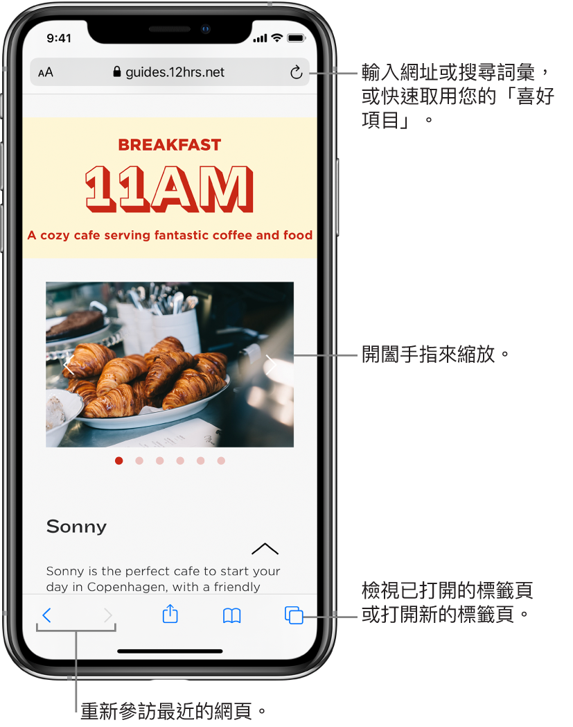 Safari 視窗中打開網站,網址欄位在最上方。底部由左至右依序為「往後」、「往前」、「分享」、「書籤」和「頁面」按鈕。