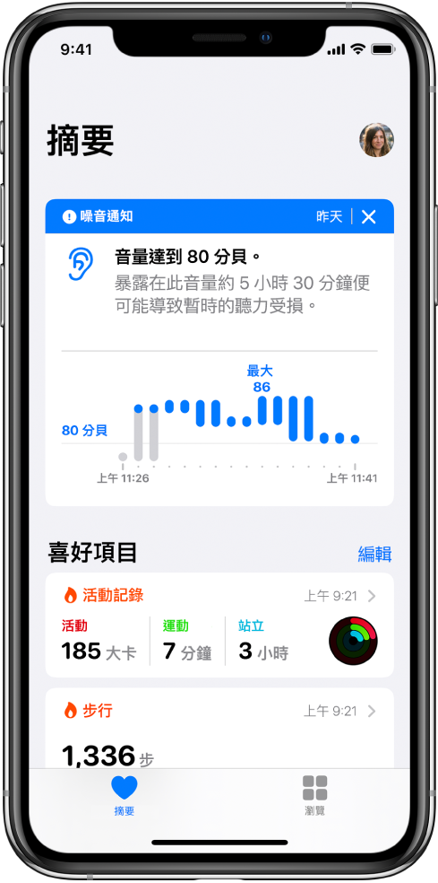 「摘要」畫面最上方顯示噪音通知,下方則為兩個喜好項目的摘要:「活動記錄」與「步行」。