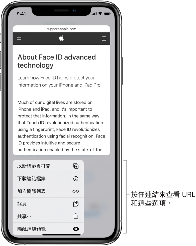 覆疊效果顯示目標 URL 的預覽,接著可能的動作列表:「開啟」、「加入閱讀列表」、「加入照片」、「拷貝」和「分享」。