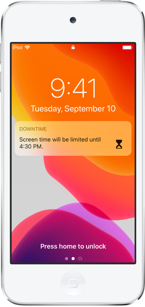 The iPod touch Lock screen showing a Downtime notification that Screen time is limited until 4:30 p.m.