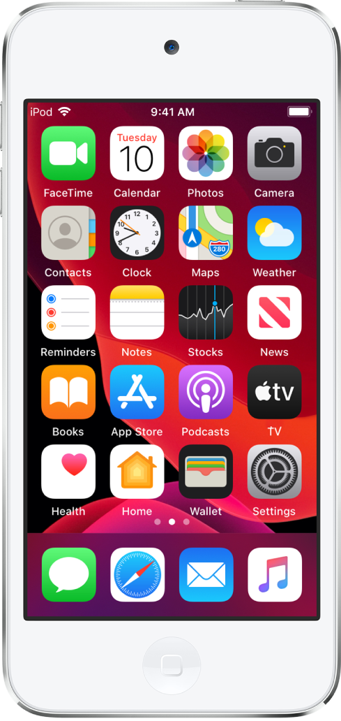 The iPod touch Home screen with Dark Mode turned on.