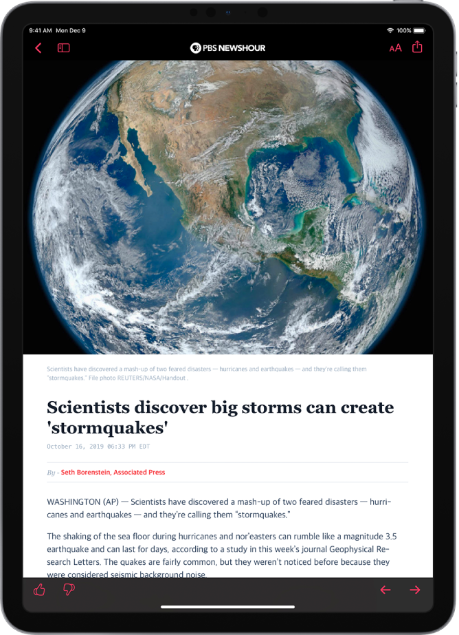 A News story. At the top left are the Previous and Sidebar buttons. The name of the publication appears at the top middle. The Resize Text and Share buttons are at the top right. A large image takes up the top half of the screen. Below the image are the story headline, story date, byline, and the story’s first two paragraphs. At the bottom left are the Suggest More and Suggest Less buttons. At the bottom right are the Previous and Next buttons.