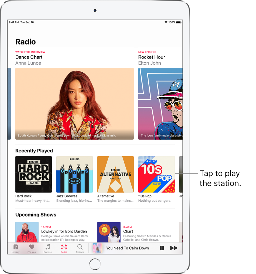 The Radio screen showing a radio station at the top of the screen, recently played stations in the middle, and the Upcoming Shows section below.