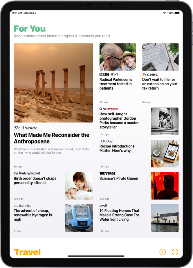 The Today screen. The top heading is For You. Below are nine news stories, each featuring the name of the publication, a headline, and an image. At the bottom is another heading. At the bottom right are the Add and More buttons.