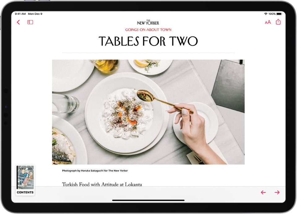 A screen displaying a magazine story. At the top left are the Previous and Sidebar buttons. The publication’s name appears at the top middle. A headline and image appear below the buttons. At the bottom left of the screen is the Contents button (represented by a thumbnail image of the magazine cover), and on the bottom right are the Previous and Next buttons.