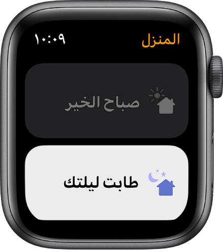 تطبيق المنزل على Apple Watch يعرض مشهدين، صباح الخير وطابت ليلتك. وقد تم تمييز مشهد طابت ليلتك.