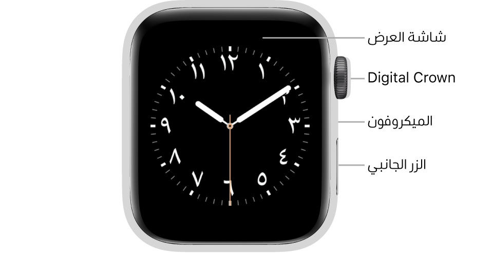 الجزء الأمامي من Apple Watch Series 6 وتظهر به شاشة العرض التي تعرض واجهة الساعة و Digital Crown والميكروفون والزر الجانبي من أعلى إلى أسفل على جانب الساعة.