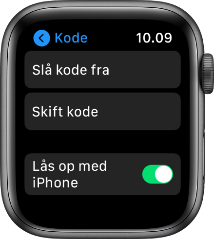 Indstillinger til Adgangskode på Apple Watch med knappen Slå adgangskode fra øverst, knappen Skift adgangskode derunder og knappen Lås op med iPhone nederst.