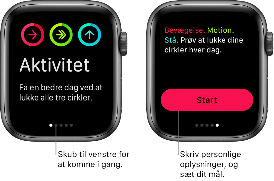 To skærme: Den ene viser startskærmen i appen Aktivitet, og den anden viser knappen Kom i gang.