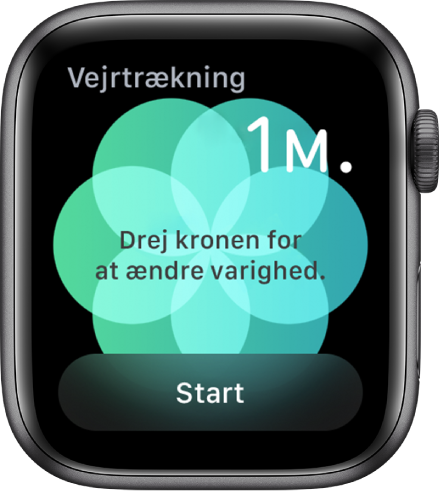 Skærmen med appen Vejrtrækning, der viser en varighed på et minut øverst til højre og knappen Start nederst.