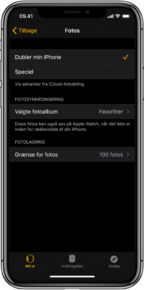 Indstillinger til Fotos i appen Apple Watch på iPhone med indstillingen Fotosynkronisering i midten og indstillingen Grænse for fotos nedenunder.