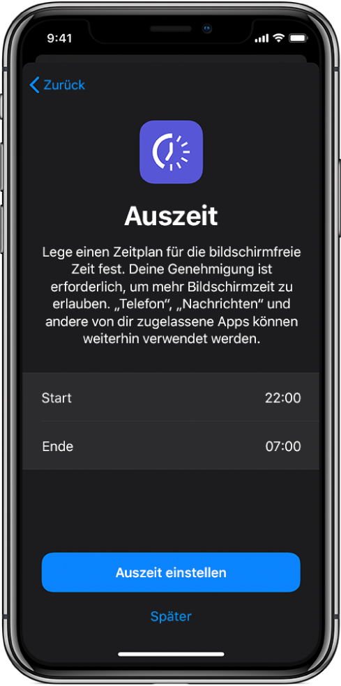 iPhone mit der Anzeige zum Einrichten der Auszeit. In der Mitte kann die Start- und Endzeit gewählt werden. Die Tasten „Auszeit“ und „Später“ befinden sich unten.