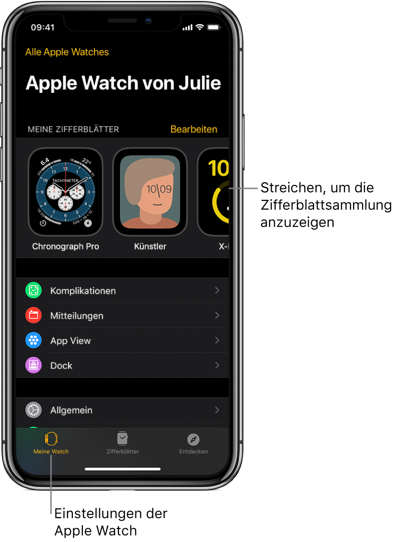Die App „Apple Watch“ auf dem iPhone öffnet sich mit dem Bildschirm „Meine Watch“, in dem oben deine Zifferblätter und unten die Einstellungen angezeigt werden. Unten in der App „Apple Watch“ befinden sich drei Tabs: Links der Tab „Meine Watch“ mit den Einstellungen für die Apple Watch, daneben die Zifferblattgalerie, in der du die verfügbaren Zifferblätter und Komplikationen durchsuchen kannst, rechts daneben der Tab „Entdecken“, wo du mehr über die Apple Watch erfährst.