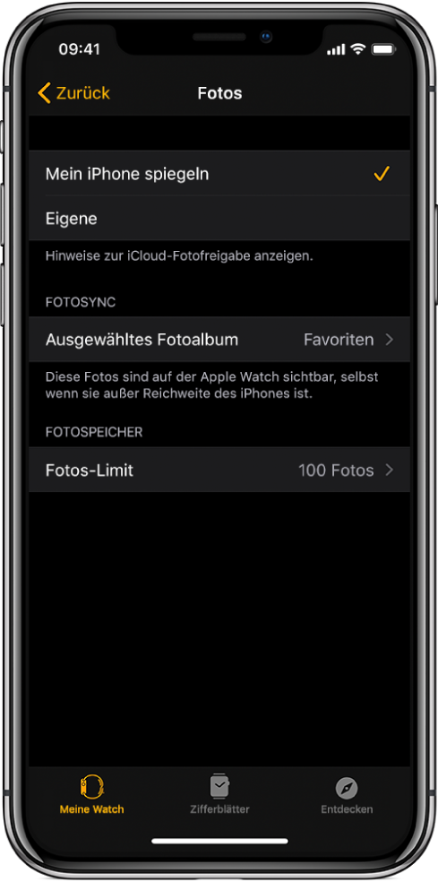 Einstellungen für „Fotos“ in der App „Apple Watch“ auf dem iPhone mit der Einstellung „Fotosync“ in der Mitte und der Einstellung „Fotos-Limit“ darunter.