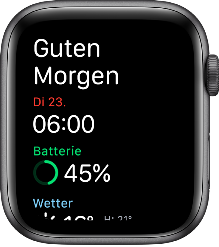 Apple Watch mit der Begrüßung beim Aufwachen. Oben wird „Guten Morgen“ angezeigt. Darunter befinden sich das Datum, die Uhrzeit, die Restladung und das Wetter.