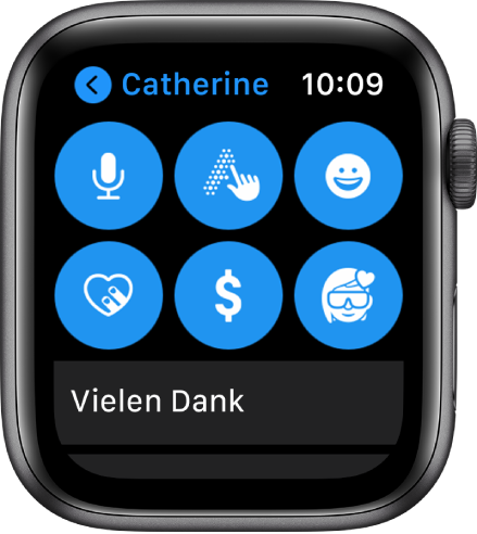Eine Anzeige in der App „Nachrichten“ mit der Taste „Apple Pay“ oben sowie den Tasten „Diktieren“, „Kritzeln“, „Emoji“, „Digital Touch“ und „Memoji“.