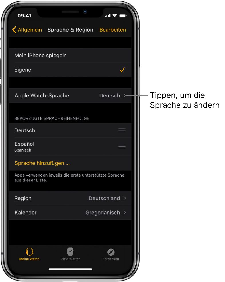 Die Anzeige „Sprache & Region“ in der App „Apple Watch“ mit der Einstellung „Apple Watch-Sprache“ oben.