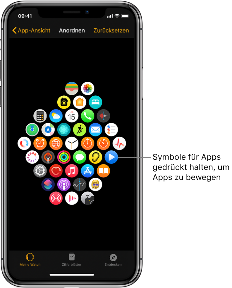 Die Anzeige „Apps anordnen“ der App „Apple Watch“ mit in einem Raster angeordneten Apps.