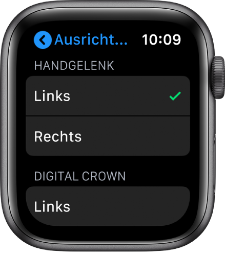Die Anzeige „Ausrichtung“ auf der Apple Watch. Du kannst die Einstellungen für Handgelenk und Digital Crown ändern.
